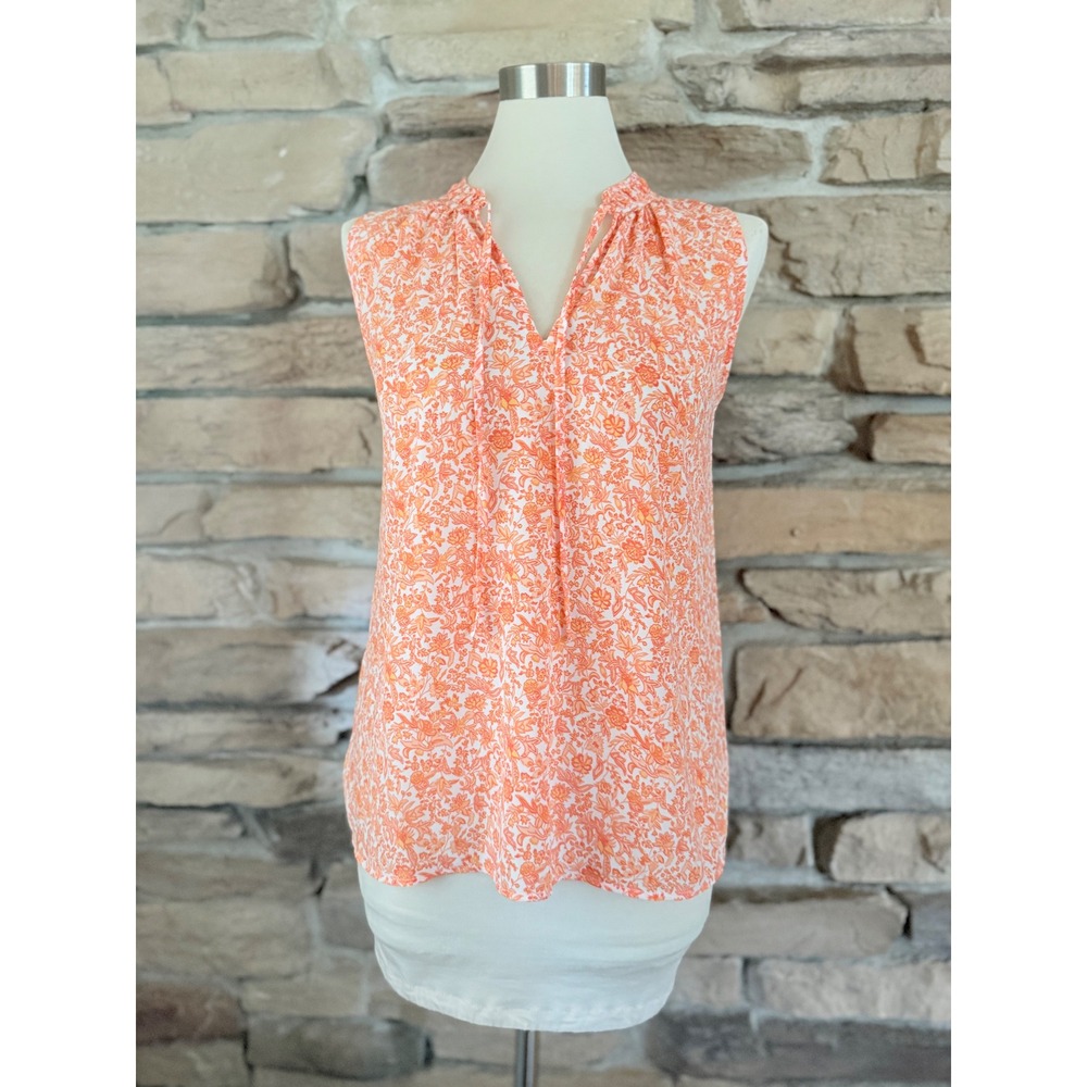 Loft Women Orange White Floral Paisley Sleeveless Split‎ Neck Blouse Small NEW